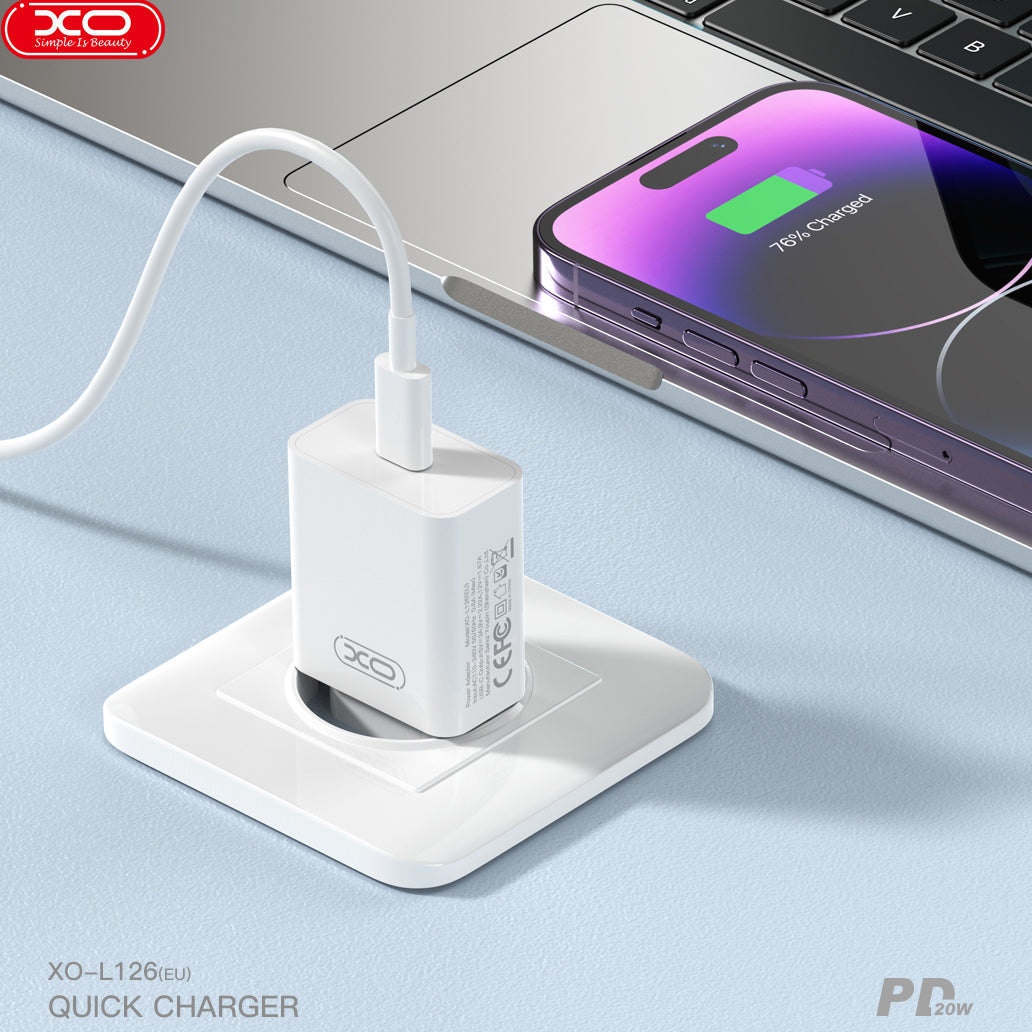 Hálózati töltő USB-C kábellel XO Design L126, 20W, 3A, 1 x USB-C, Fehér