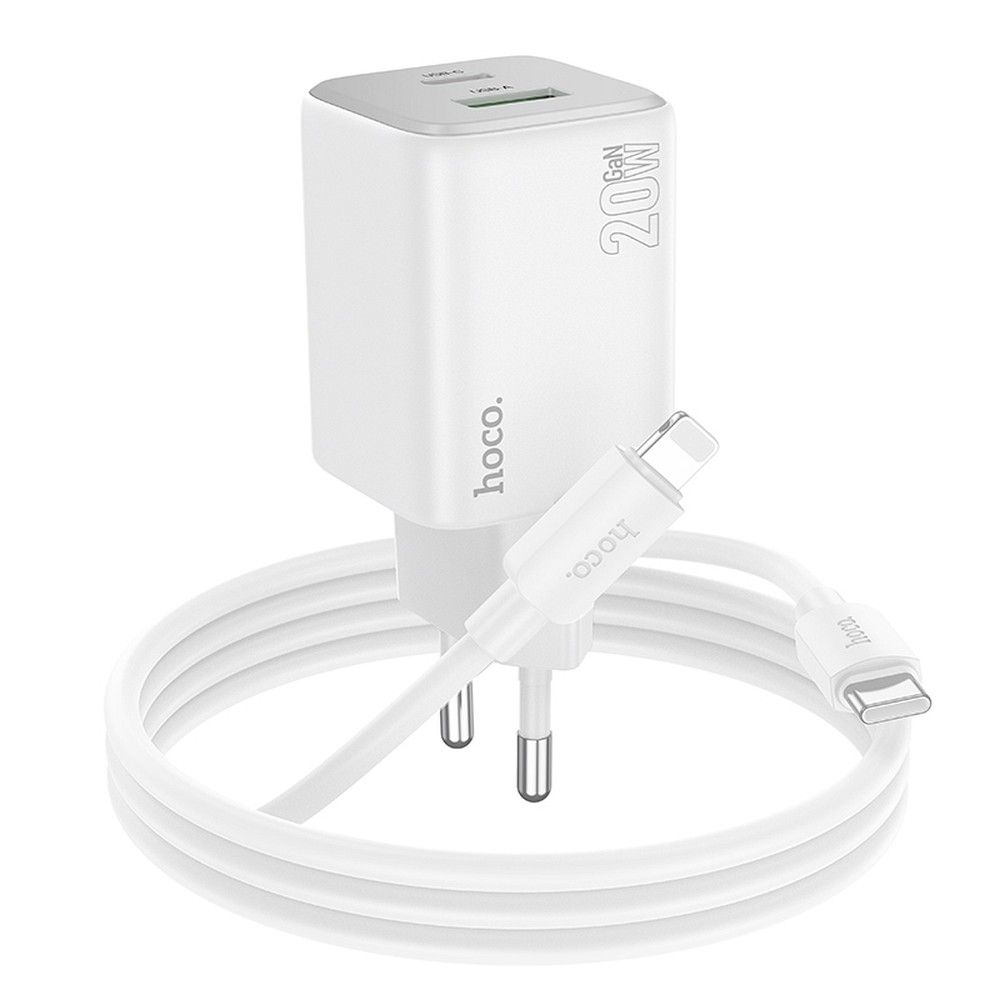 Hálózati töltő Lightning kábellel HOCO N41, 20W, 3A, 1 x USB-A - 1 x USB-C, Fehér