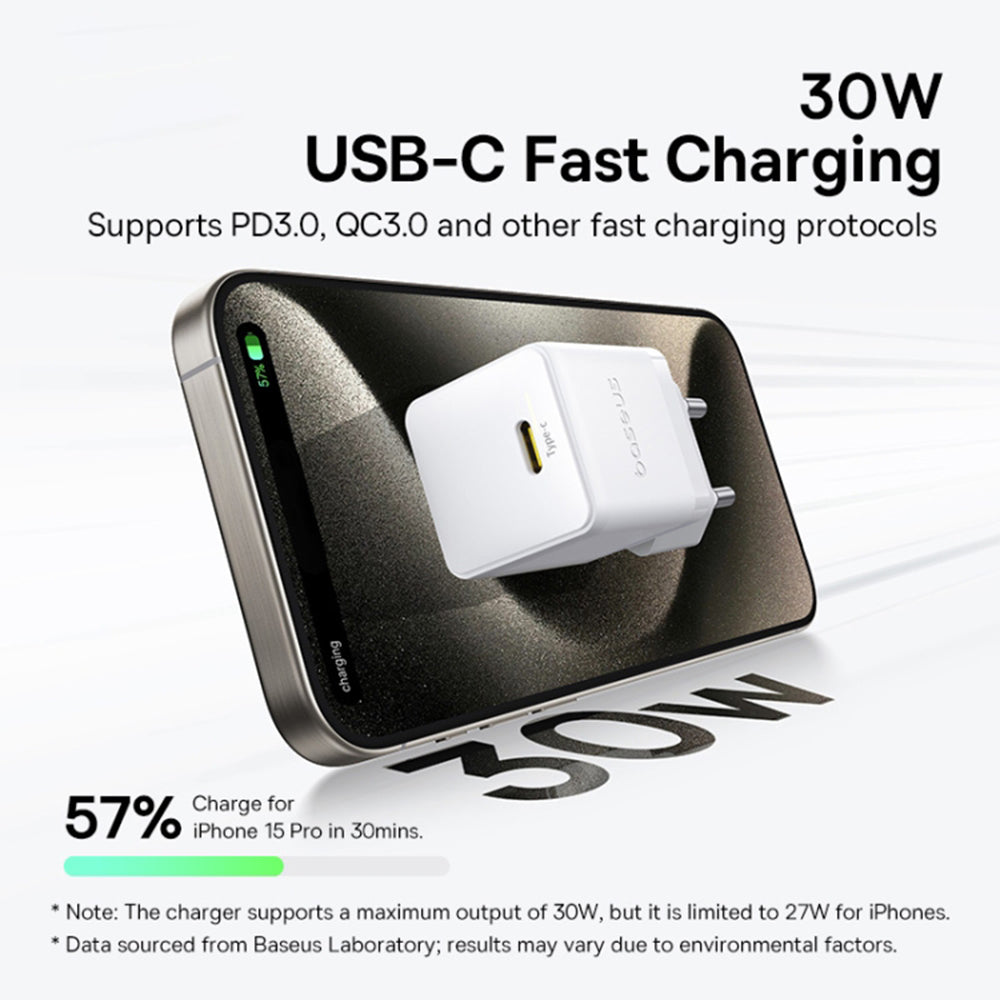 Baseus Palm USB-C hálózati töltő kábellel, 30W, 3A, 1 x USB-C, Fehér P10111605213-01