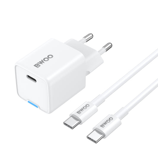 Hálózati töltő USB-C kábellel BWOO CDA211, 30W, 3A, 1 x USB-C, Fehér