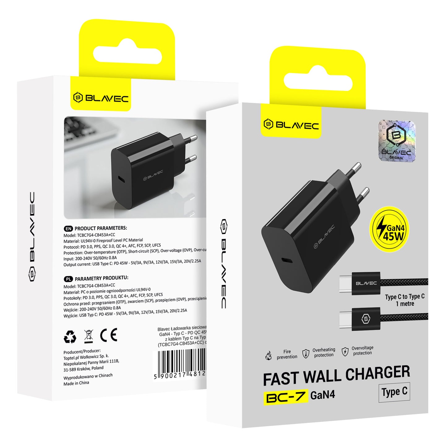 Hálózati töltő USB-C kábellel Blavec BC-7, 45W, 3A, 1 x USB-C, Fekete