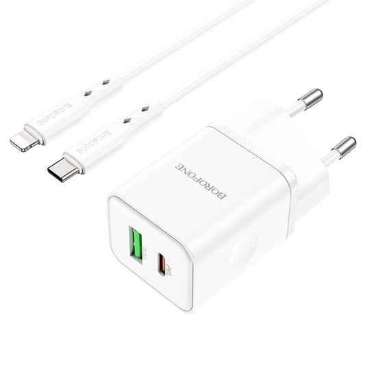 Hálózati töltő Lightning kábellel Borofone BN7, 20W, 3A, 1 x USB-A - 1 x USB-C, Fehér