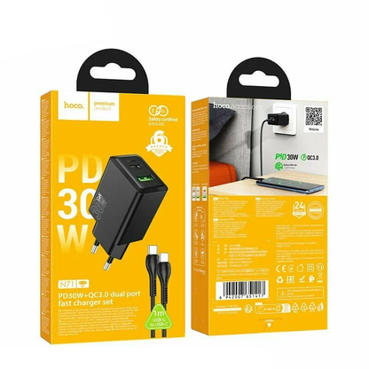Hálózati töltő USB-C kábellel HOCO N71, 30W, 3A, 1 x USB-A - 1 x USB-C, Fekete