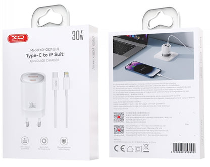 Network Charger with Lightning Cable XO Design CE21, 30W, 3A, 1 x USB-A - 1 x USB-C, White