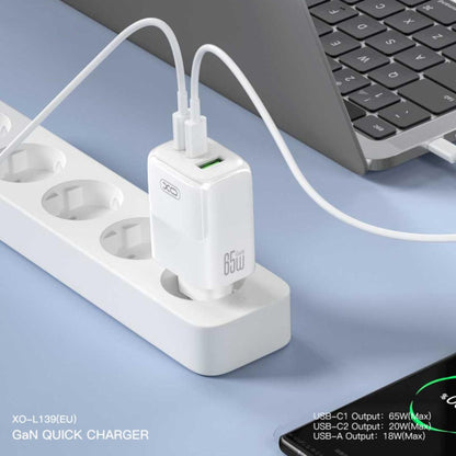 Hálózati töltő USB-C kábellel XO Design L139, 65W, 4.5A, 1 x USB-A - 2 x USB-C, Fehér