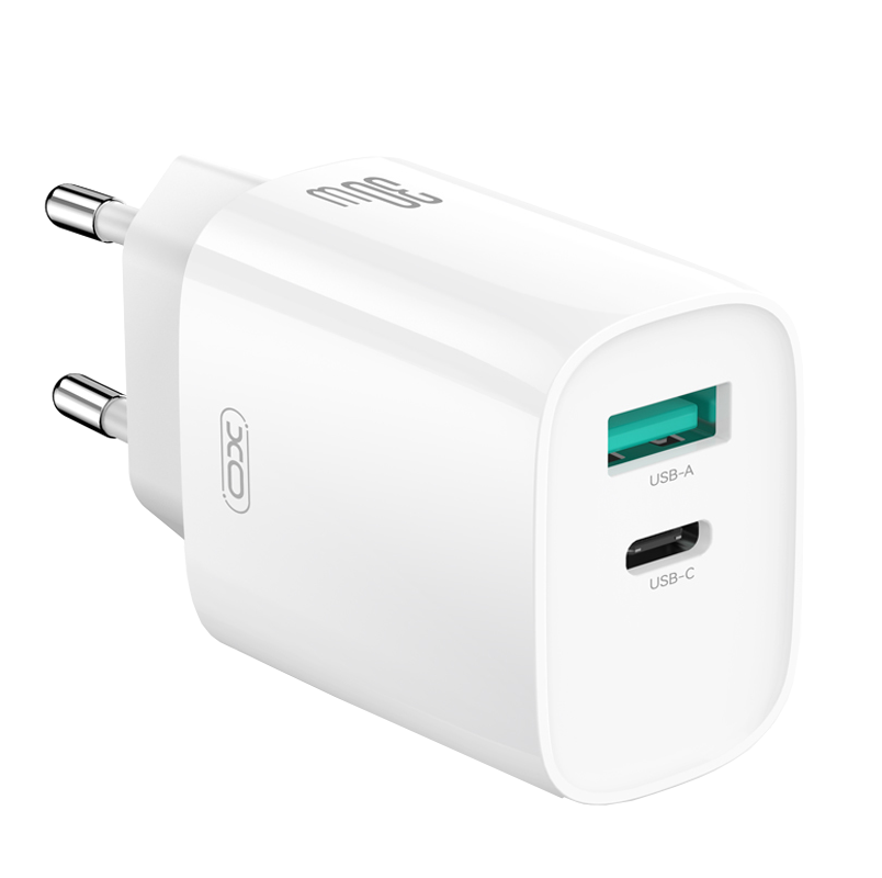 Hálózati töltő Lightning kábellel XO Design CE30, 30W, 3A, 1 x USB-A - 1 x USB-C, Fehér