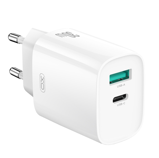 Hálózati töltő Lightning kábellel XO Design CE30, 30W, 3A, 1 x USB-A - 1 x USB-C, Fehér