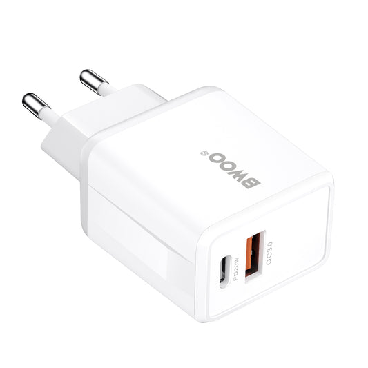 Hálózati töltő USB-C kábellel BWOO CDA182, 38W, 3A, 1 x USB-A - 1 x USB-C, Fehér