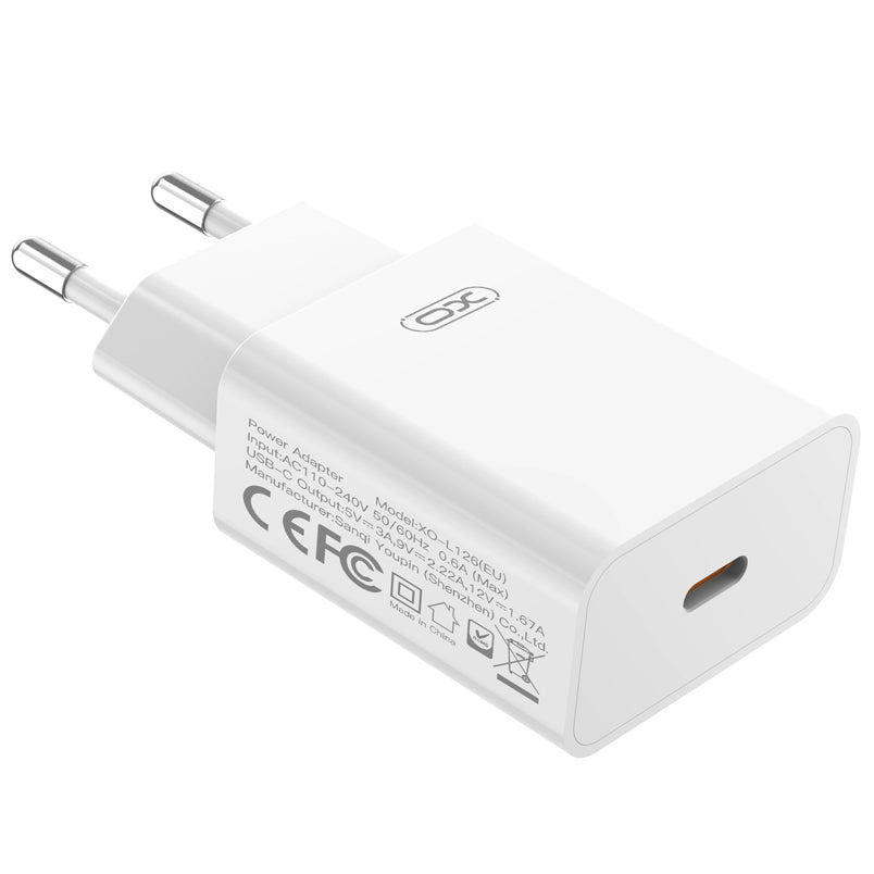XO Design L126 Lightning Cable Wall Charger, 20W, 3A, 1 x USB-C, White