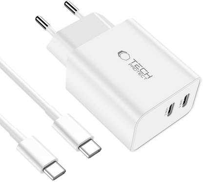 Tech-Protect C35W USB-C Kábeles Hálózati Töltő, 35W, 3A, 2 x USB-C, Fehér