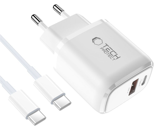 Tech-Protect NCA20 USB-C kábeles hálózati töltő, 20W, 3A, 1 x USB-A - 1 x USB-C, Fehér