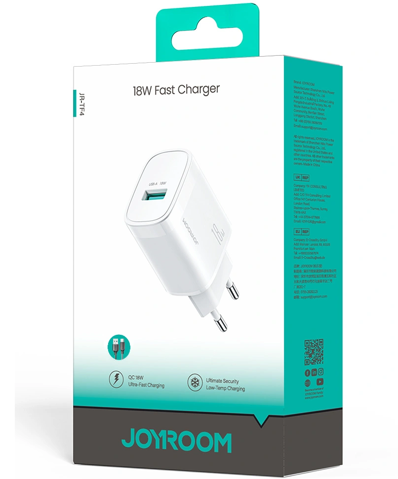 Joyroom JR-TF4 USB-C kábeles hálózati töltő, 18W, 3A, 1 x USB-A, Fehér