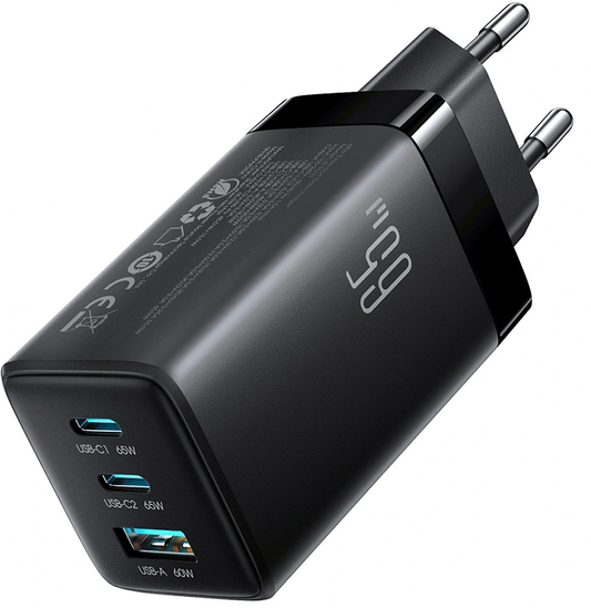 Joyroom JR-TG10 USB-C Kábellel ellátott Hálózati Töltő, 65W, 3,25A, 1 x USB-A - 2 x USB-C, Fekete
