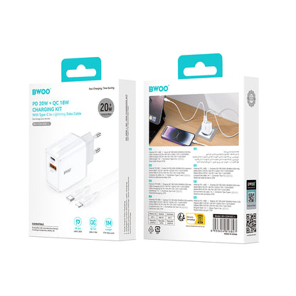 BWOO CDA182 Lightning kábeles hálózati töltő, 38W, 3A, 1 x USB-A - 1 x USB-C, Fehér