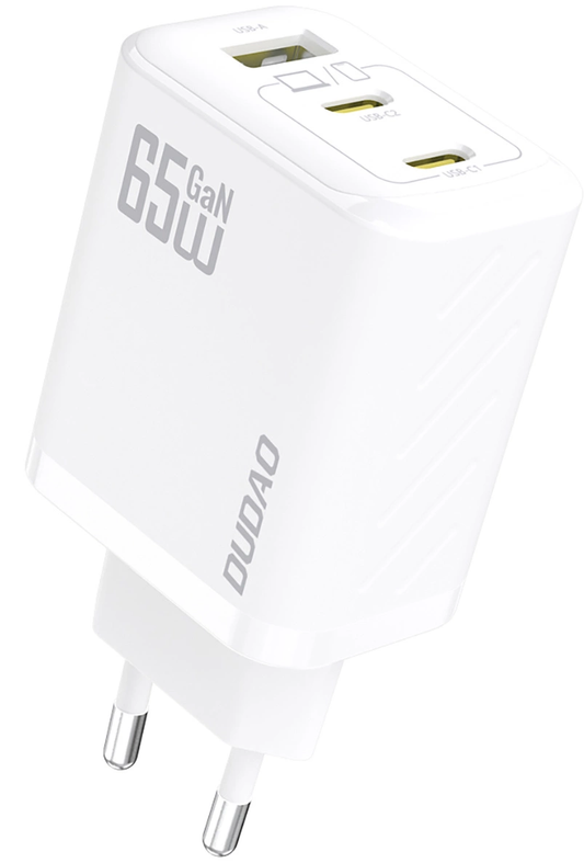 Dudao A29C USB-C Kábeles Hálózati Töltő, 65W, 3,25A, 1 x USB-A - 2 x USB-C, Fehér