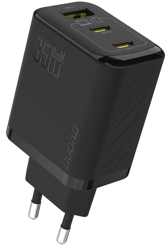 Dudao A29C USB-C kábeles hálózati töltő, 65W, 3,25A, 1 x USB-A - 2 x USB-C, Fekete