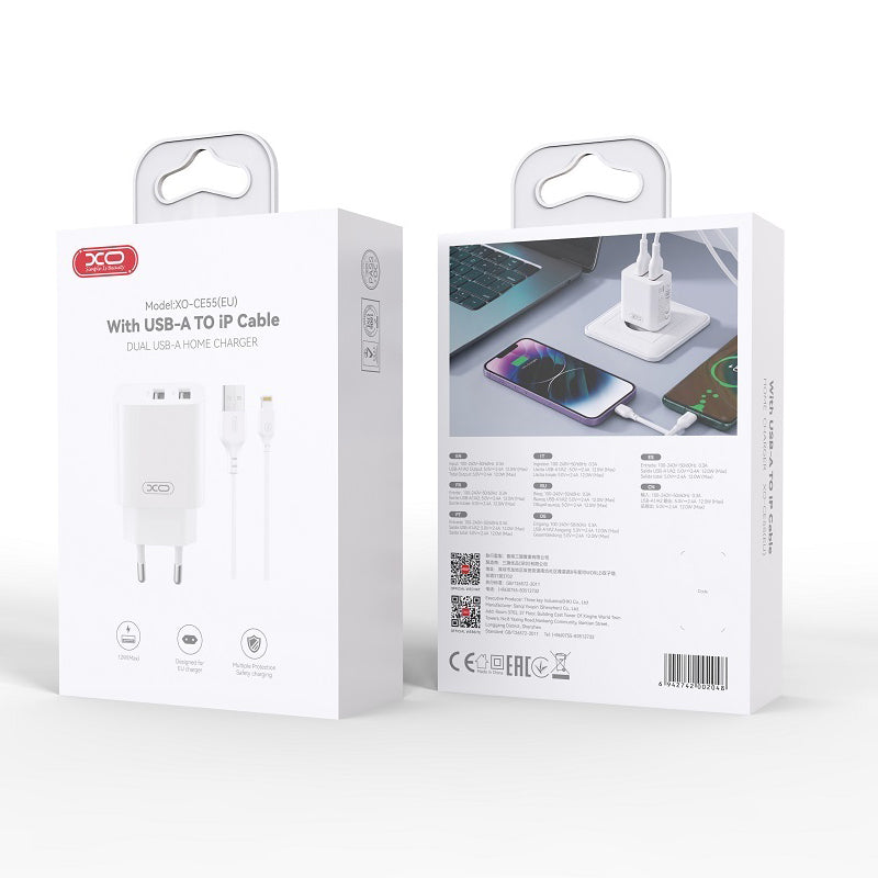 XO Design CE55 hálózati töltő Lightning-kábellel, 12 W, 2,4 A, 2 × USB-A, fehér