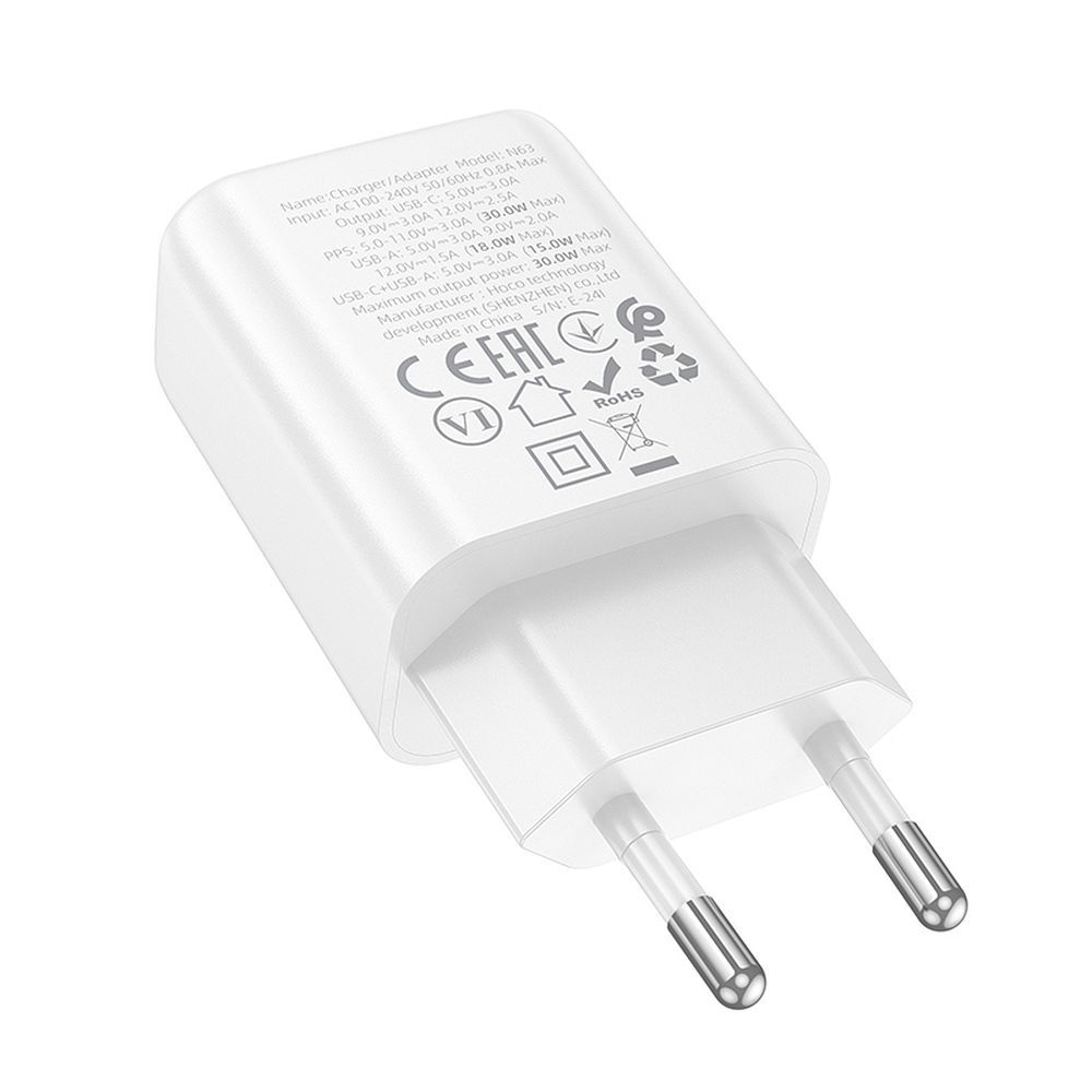HOCO N63 hálózati töltő, 30W, 3A, 1 x USB-A - 1 x USB-C, Fehér