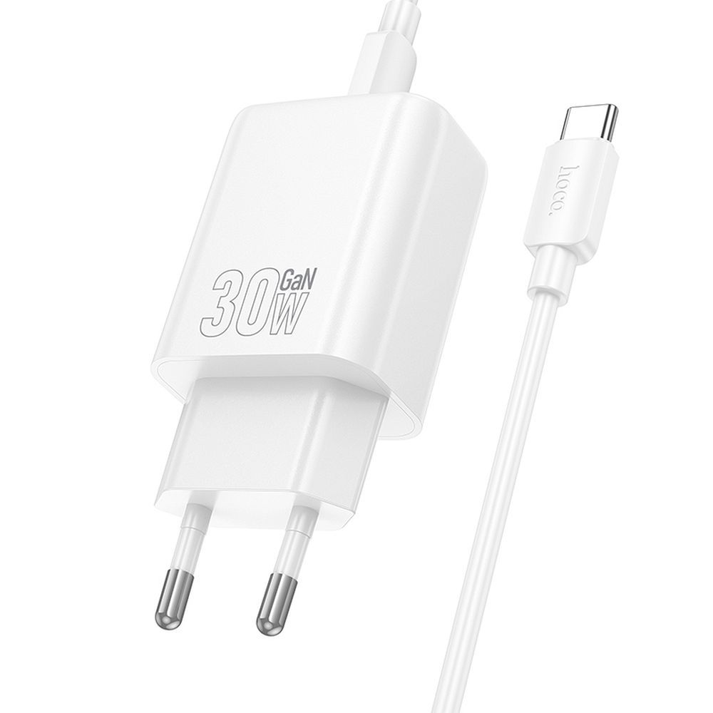 Hálózati töltő USB-C kábellel HOCO N63, 30W, 3A, 1 x USB-A - 1 x USB-C, Fehér