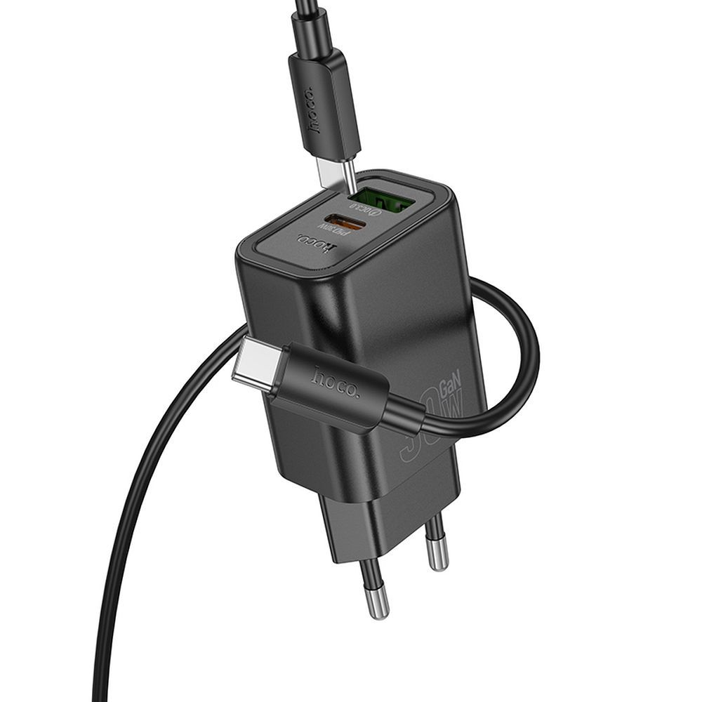 Hálózati töltő USB-C kábellel HOCO N63, 30W, 3A, 1 x USB-A - 1 x USB-C, Fekete