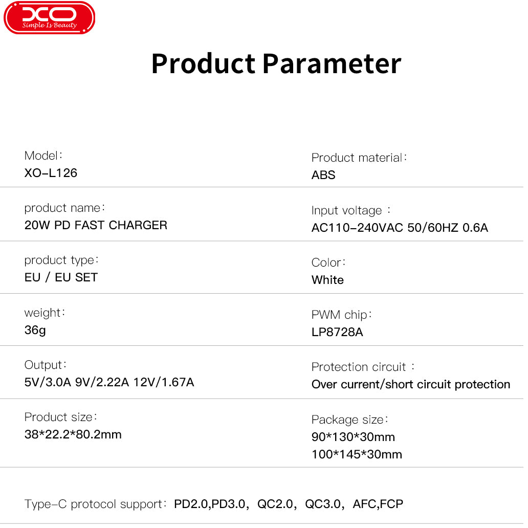 Hálózati töltő USB-C kábellel XO Design L126, 20W, 3A, 1 x USB-C, Fehér