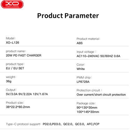 Hálózati töltő USB-C kábellel XO Design L126, 20W, 3A, 1 x USB-C, Fehér