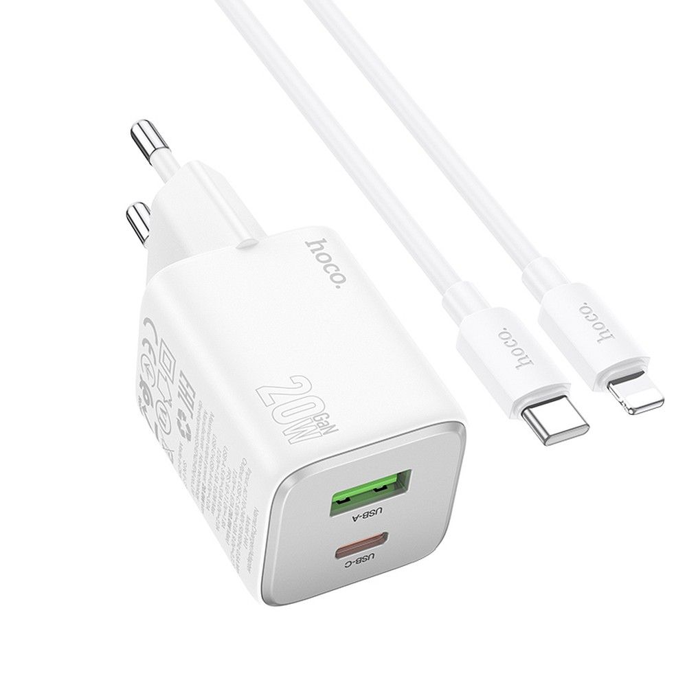 Hálózati töltő Lightning kábellel HOCO N41, 20W, 3A, 1 x USB-A - 1 x USB-C, Fehér
