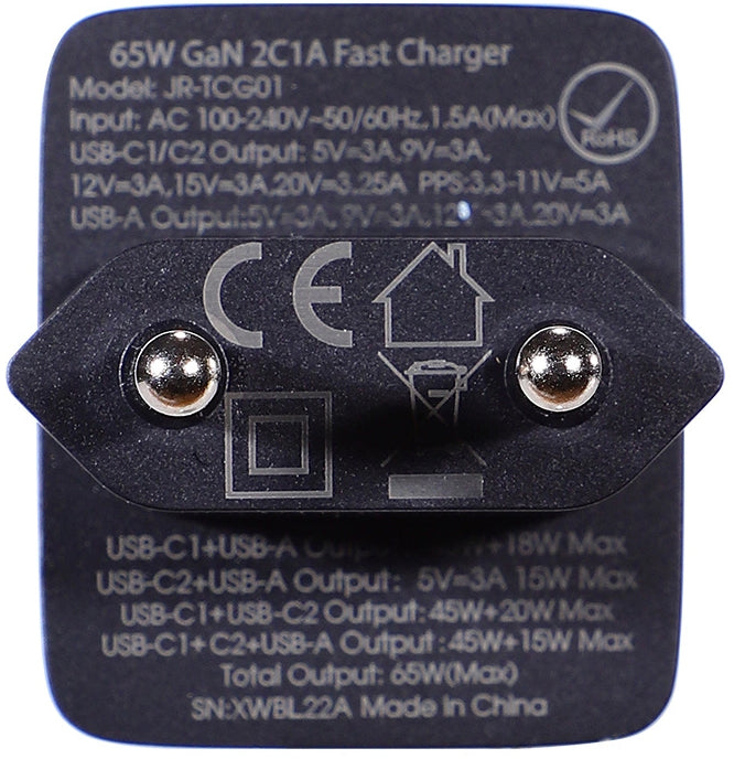 Hálózati töltő USB-C kábellel Joyroom TCG01, 65W, 3.25A, 1 x USB-A - 2 x USB-C, Fekete