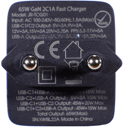 Hálózati töltő USB-C kábellel Joyroom TCG01, 65W, 3.25A, 1 x USB-A - 2 x USB-C, Fekete