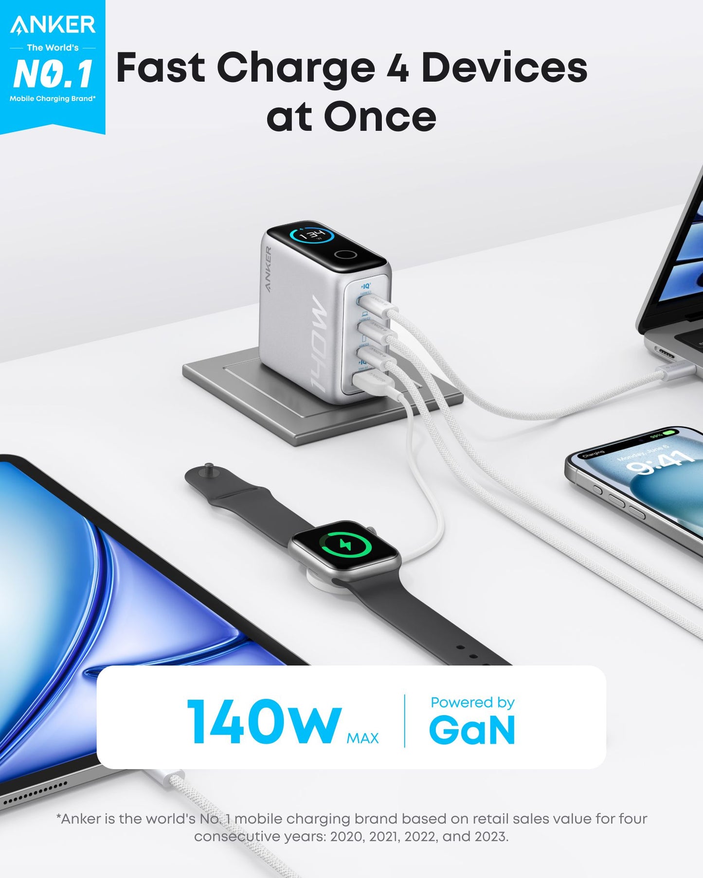 Anker Zolo USB-C hálózati töltő kábellel, 140W, 5A, 1 x USB-A - 3 x USB-C, ezüst B2697G41