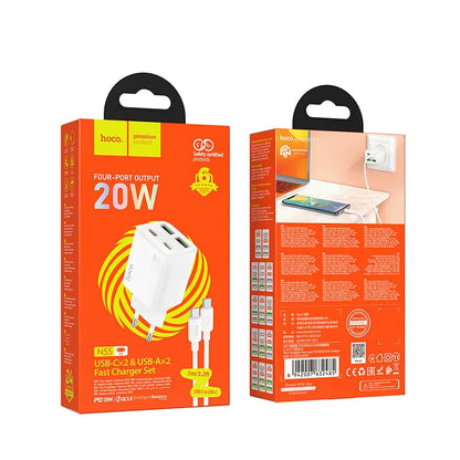 Network Charger with USB-C Cable HOCO N55, 20W, 3A, 2 x USB-A - 2 x USB-C, White