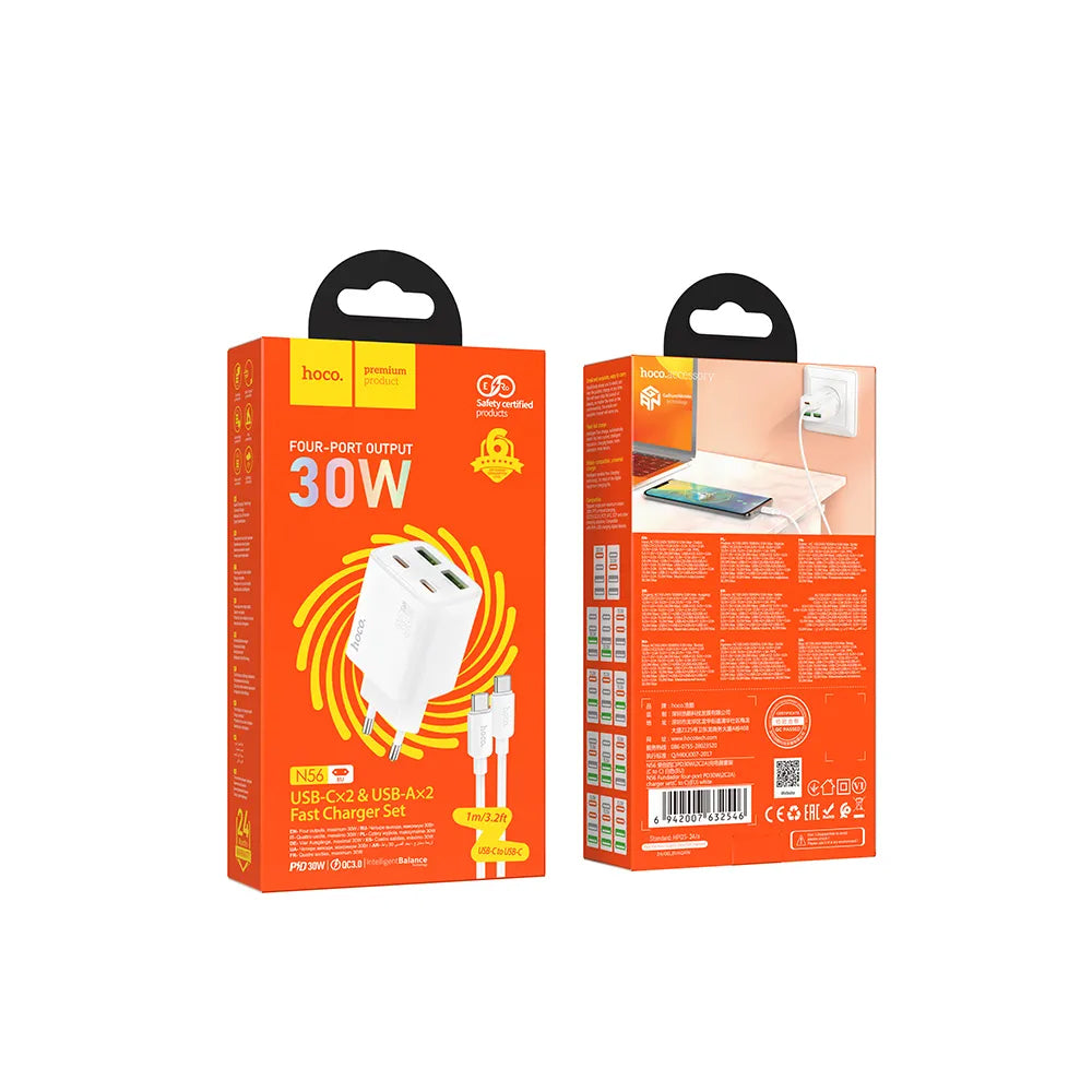 Hálózati töltő USB-C kábellel HOCO N56, 30W, 3A, 2 x USB-A - 2 x USB-C, Fehér