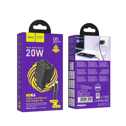 Hálózati töltő Lightning kábellel HOCO N55, 20W, 3A, 2 x USB-A - 2 x USB-C, Fekete