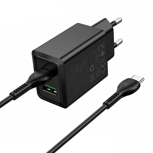 Hálózati töltő USB-C kábellel HOCO N71, 30W, 3A, 1 x USB-A - 1 x USB-C, Fekete