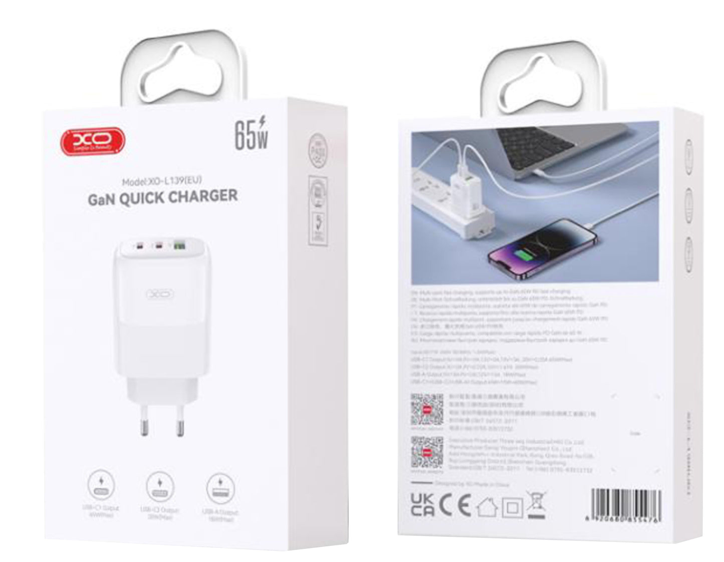 Hálózati töltő USB-C kábellel XO Design L139, 65W, 4.5A, 1 x USB-A - 2 x USB-C, Fehér