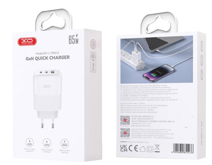 Hálózati töltő USB-C kábellel XO Design L139, 65W, 4.5A, 1 x USB-A - 2 x USB-C, Fehér