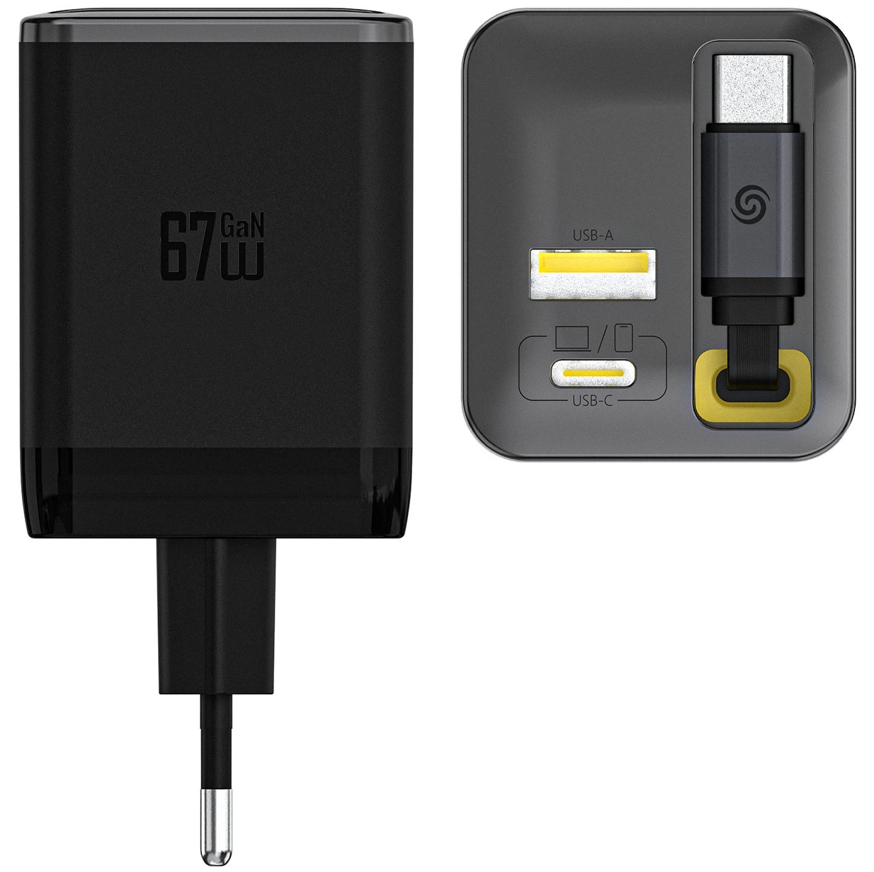 Dudao A67EU USB-C kábelhálózati töltő, 67W, 3.35A, 1 x USB-A - 1 x USB-C, Fekete