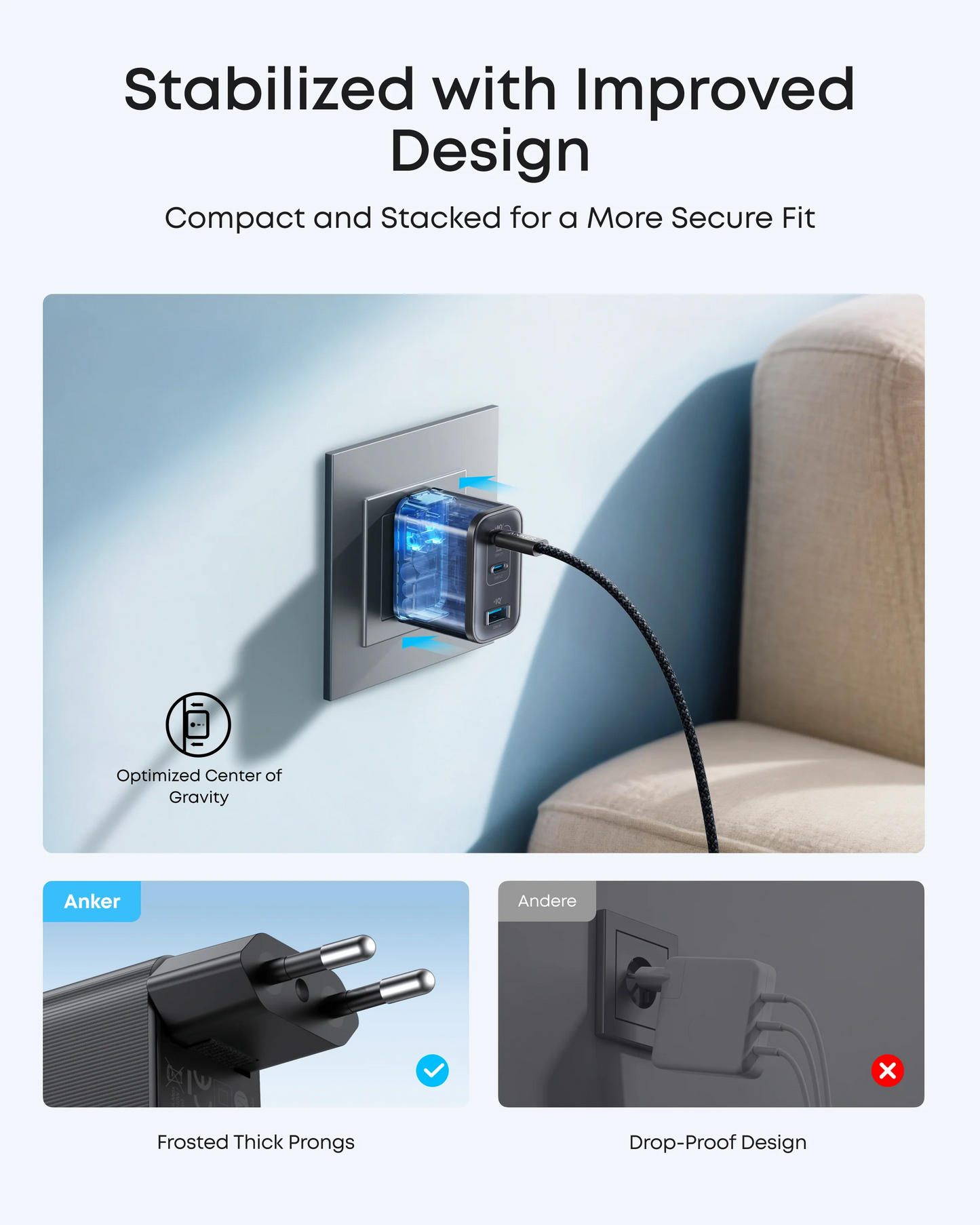 Anker Nano USB-C hálózati töltő kábellel, 70W, 3.5A, 1 x USB-A - 2 x USB-C, Szürke B121A311