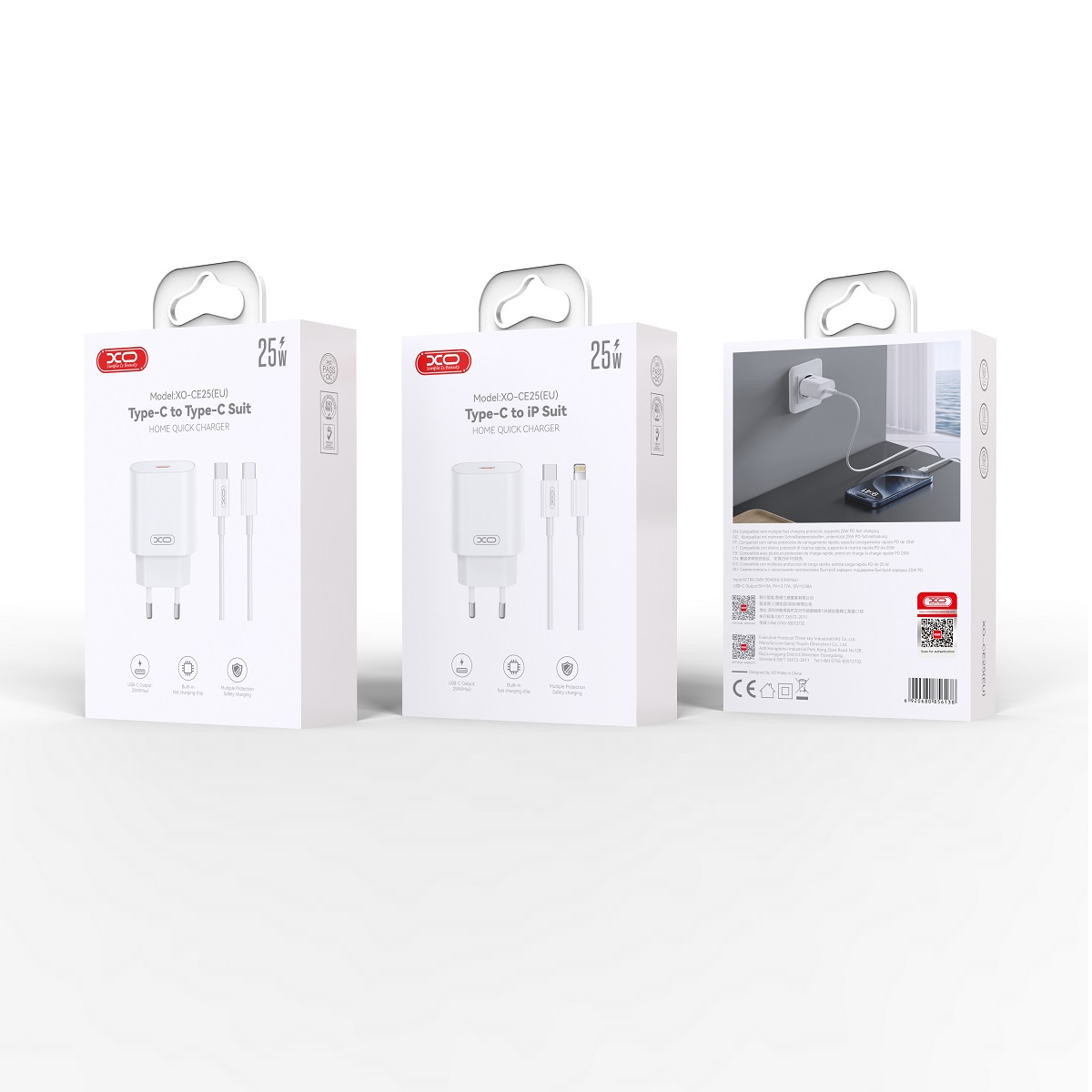 Hálózati töltő USB-C kábellel XO Design CE25, 25W, 3A, 1 x USB-C, Fehér