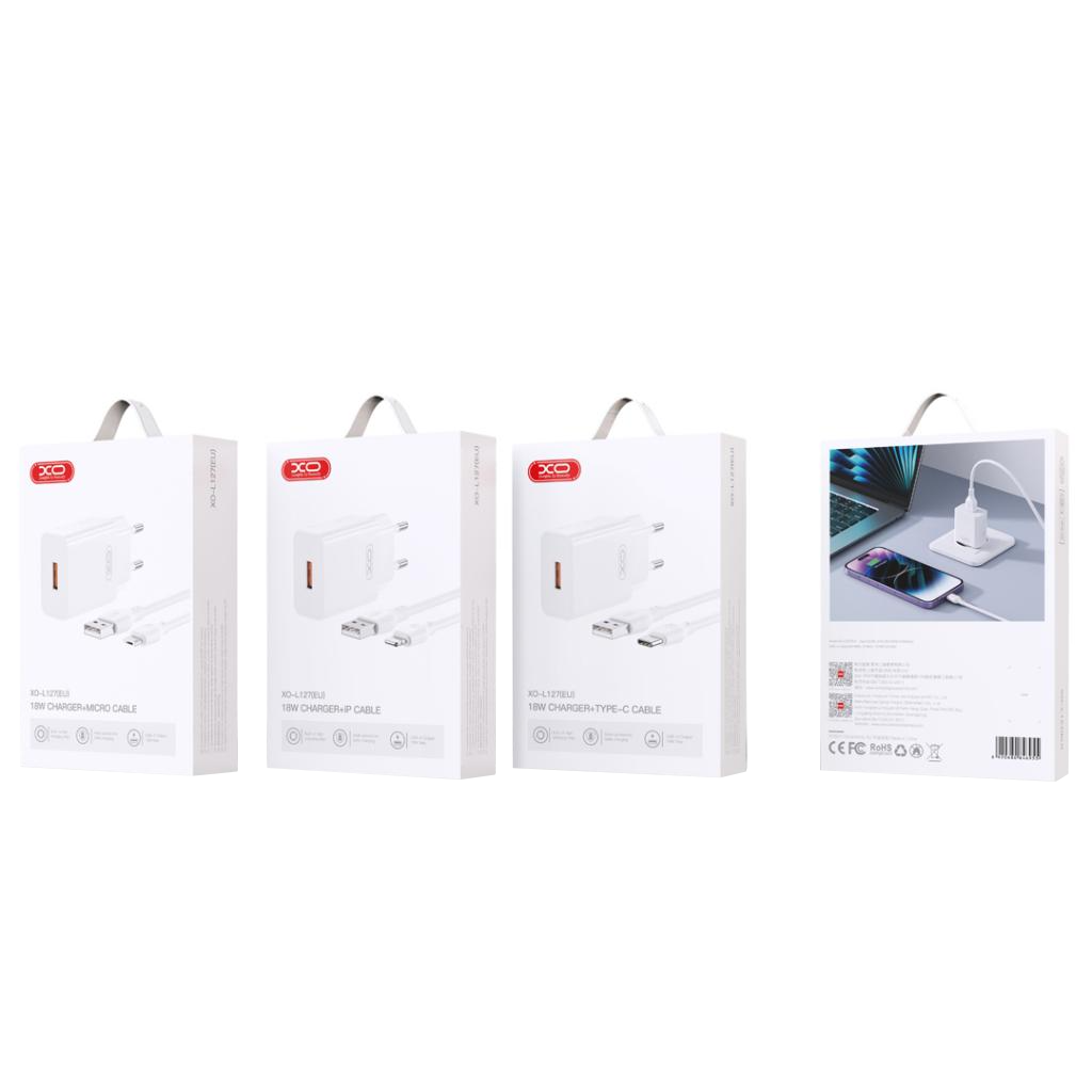 XO Design L127 USB-C Cable Wall Charger, 18W, 3A, 1 x USB-A, White