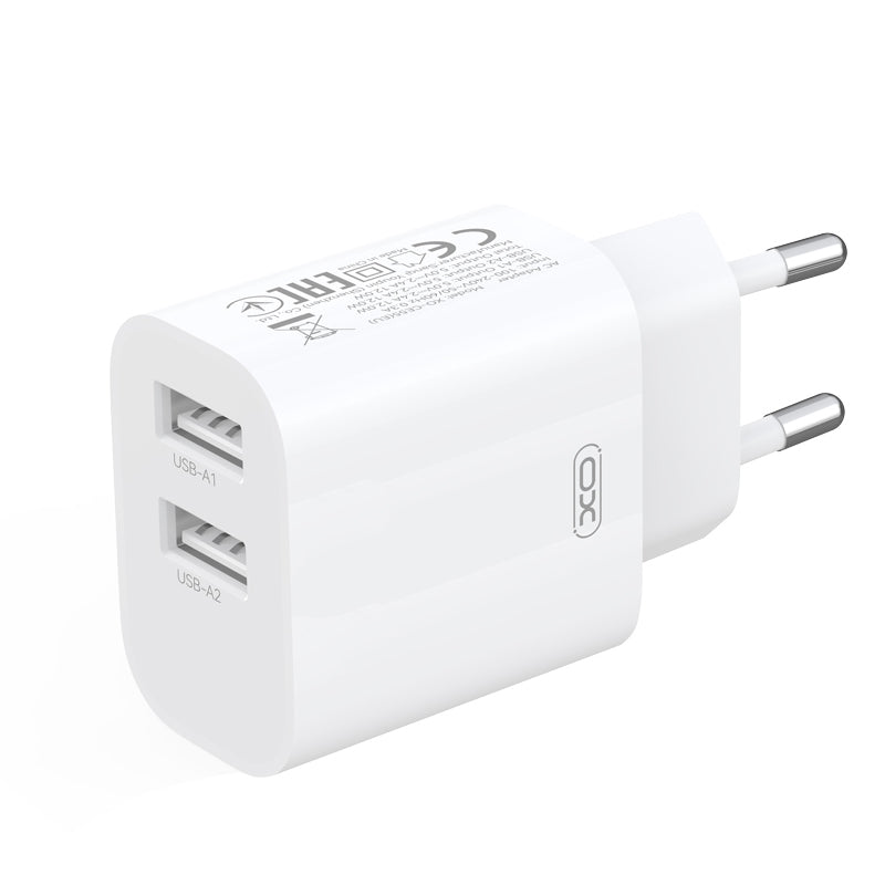 XO Design CE55 hálózati töltő Lightning-kábellel, 12 W, 2,4 A, 2 × USB-A, fehér
