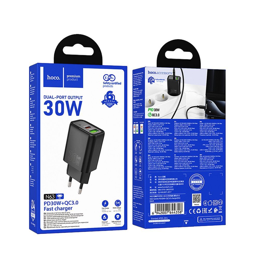 HOCO N63 Hálózati Töltő, 30W, 3A, 1 x USB-A - 1 x USB-C, Fekete