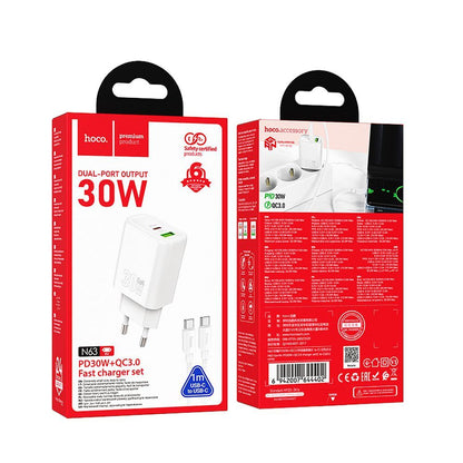 Hálózati töltő USB-C kábellel HOCO N63, 30W, 3A, 1 x USB-A - 1 x USB-C, Fehér
