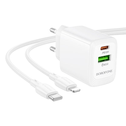 Hálózati töltő Lightning kábellel Borofone BN27 Fuente, 20W, 3A, 1 x USB-A - 1 x USB-C, Fehér
