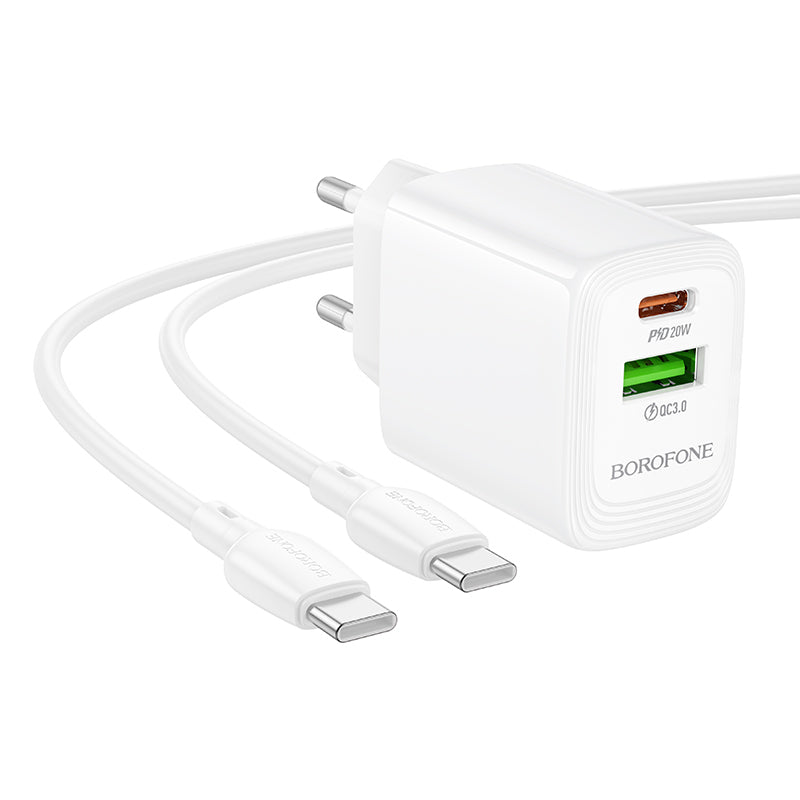 Hálózati töltő USB-C kábellel Borofone BN27 Fuente, 20W, 3A, 1 x USB-A - 1 x USB-C, Fehér