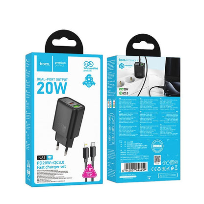 Hálózati töltő USB-C kábellel HOCO N61, 20W, 3A, 1 x USB-A - 1 x USB-C, Fekete