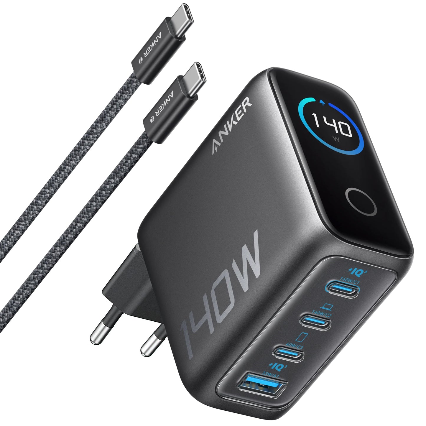 Anker Zolo USB-C kábelhálózati töltő, 140W, 5A, 1 x USB-A - 3 x USB-C, Fekete B2697GZ1