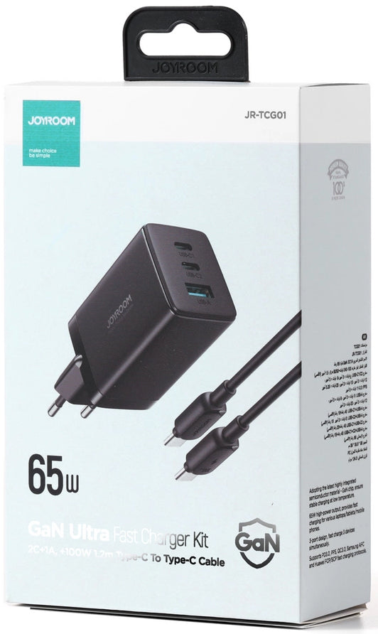 Hálózati töltő USB-C kábellel Joyroom TCG01, 65W, 3.25A, 1 x USB-A - 2 x USB-C, Fekete