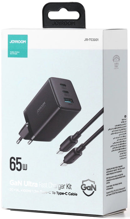 Hálózati töltő USB-C kábellel Joyroom TCG01, 65W, 3.25A, 1 x USB-A - 2 x USB-C, Fekete