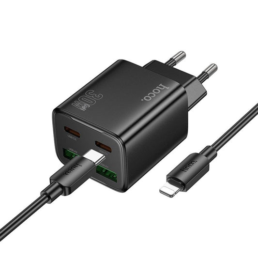 Hálózati töltő Lightning kábellel HOCO N56, 30W, 3A, 2 x USB-A - 2 x USB-C, Fekete